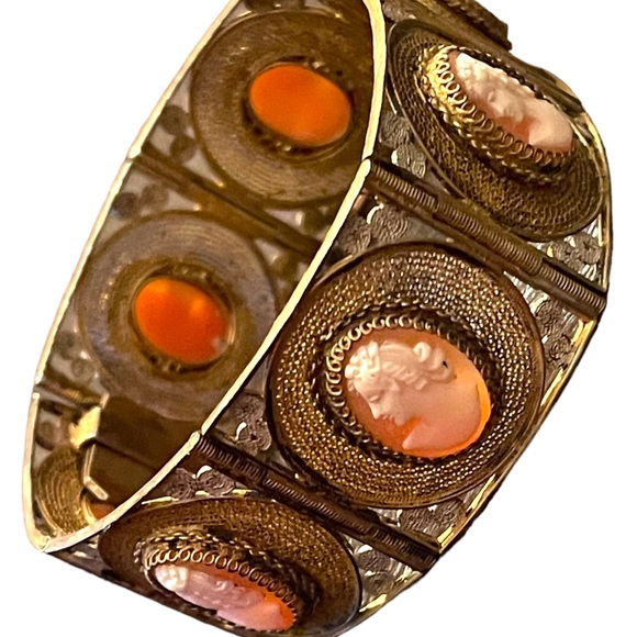 Vintage 800 Italy Gold wash Fancy filagree shell cameo bracelet chunky bangle - Picture 7 of 15